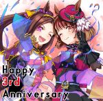  2girls ;) ;d animal_ears anniversary black_gloves brown_eyes brown_hair ears_through_headwear flower_in_eye gloves hair_ornament hairband horse_ears horse_girl long_hair looking_at_viewer medium_hair metsugi_(mekki5160) multiple_girls neckerchief north_flight_(umamusume) one_eye_closed ponytail purple_eyes purple_headwear sakura_bakushin_o_(umamusume) smile symbol_in_eye tilted_headwear umamusume upper_body yellow_neckerchief 