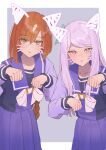  2girls absurdres animal_ears bow bowtie braid braided_ponytail collarbone drawn_ears drawn_whiskers ear_ribbon face_filter grey-framed_eyewear hands_up highres horse_ears horse_girl ikuno_dictus_(umamusume) isana615 long_hair long_sleeves looking_at_viewer mejiro_mcqueen_(umamusume) multiple_girls open_mouth orange_hair parted_bangs paw_pose pleated_skirt purple_eyes purple_hair purple_sailor_collar purple_serafuku purple_skirt round_eyewear sailor_collar school_uniform serafuku skirt tracen_school_uniform umamusume white_bow white_bowtie yellow_eyes 