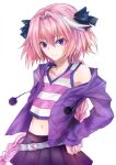  1boy aqua_belt astolfo_(fate) astolfo_(memories_at_trifas)_(fate) black_bow bow braid crop_top cropped_shirt fate/apocrypha fate/grand_order fate_(series) hair_bow hair_intakes hand_on_own_hip highres jacket long_hair male_focus midriff multicolored_hair open_clothes open_jacket otoko_no_ko pink_hair pom_pom_(clothes) purple_eyes purple_jacket shirt simple_background single_braid solo streaked_hair striped_clothes striped_shirt suprii v-neck very_long_hair white_background white_hair 