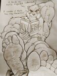 5_toes anthro balls bear big_pecs blushing_male book bulge clothing cum_on_underwear dialogue feet flip_flops foot_fetish foot_focus footwear genitals insaneeighteen kumatetsu male male/male mammal muscular muscular_male pecs reading reading_book sandals solo the_boy_and_the_beast toes traditional_media_(artwork)