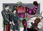  2boys 2others 4chan 4indroid @_@ belt black_eyes black_gloves black_hair black_pants black_shirt blood blood_from_eyes blood_on_face blood_on_hands blue_shorts clock coat collared_shirt dante_(limbus_company) english_text fire gloves green_eyes hands_in_pockets highres jacket limbus_company lobotomy_corporation meursault_(project_moon) multiple_boys multiple_others necktie object_head own_hands_clasped own_hands_together pants pink_ribbon pink_shoes_(project_moon) project_moon red_coat red_necktie red_pants ribbon shirt short_hair shorts supreme_(brand) t-shirt twitter_username yi_sang_(project_moon) you_want_to_get_beat?_hurtily? 
