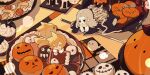  2boys blonde_hair blush_stickers candy_apple chibi chinese_commentary chocobo closed_eyes cloud_strife commentary_request cookie cupcake dapanggezilan dessert doughnut final_fantasy final_fantasy_vii food full_body ghost green_eyes grey_hair halloween highres jack-o&#039;-lantern katana lace long_hair male_focus masamune_(ff7) mini_person multiple_boys octopus_boy on_plate on_table open_mouth pastry plate pop_tart pumpkin sephiroth short_hair smile spiked_hair sword table takoyaki tentacles topless_male weapon 