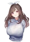  1girl absurdres arms_behind_back blush bra_visible_through_clothes breasts brown_hair cropped_torso highres huge_breasts idolmaster idolmaster_shiny_colors light_smile long_hair looking_at_viewer pekoni_(peconi) red_eyes simple_background solo sweater tsukioka_kogane very_long_hair white_background white_sweater 