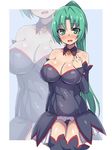  angel_mort blush breasts brll cleavage covered_navel cowboy_shot detached_collar detached_sleeves green_eyes green_hair hand_on_own_chest higurashi_no_naku_koro_ni large_breasts leotard long_hair looking_at_viewer open_mouth ponytail solo sonozaki_mion thighhighs very_long_hair waitress zoom_layer 