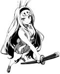  1girl animal_ears azur_lane closed_mouth dress full_body highres holding holding_sword holding_weapon long_hair looking_at_viewer monochrome rabbit_ears rabbit_girl screentones shimakaze_(azur_lane) shoes short_dress simple_background solo standing sword umyonge_(lkakeu) weapon 