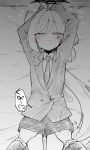  1girl absurdres blue_archive blush collared_shirt greyscale hair_between_eyes half-closed_eyes halo hand_under_clothes heart highres ki_no_nekko long_hair long_sleeves looking_at_viewer lying monochrome mutsuki_(blue_archive) mutsuki_(suit)_(blue_archive) naughty_face necktie official_alternate_costume on_back on_bed out_of_frame shirt shorts solo_focus spoken_heart spoken_sound_effect spot_color spread_pussy_under_clothes suit very_long_hair 