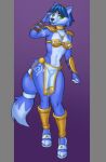 accessory anthro armor blue_body blue_fur blue_hair bottomwear bracers canid canine clothing dipstick_tail female fox fur furgonomics hair hi_res jewelry krystal_(star_fox) loincloth mammal markings necklace neckwear nintendo purple_background simple_background smallcoffemaniac solo star_fox tail tail_accessory tail_markings