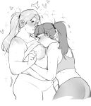  2girls blush breast_sucking breasts closed_eyes dachell_art english_commentary fat hair_ornament hair_scrunchie heart highres large_breasts long_hair looking_at_another monochrome multiple_girls navel original pants ponytail scrunchie simple_background sparkle sports_bra sweat tight_clothes tight_pants white_background yuri 
