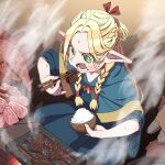  1girl artist_name blonde_hair blush bowl braid cape chopsticks cooking dungeon_meshi earrings elf food green_eyes grilling hair_ribbon highres holding holding_bowl holding_chopsticks jewelry marcille_donato meat open_mouth pointy_ears ribbon rice_bowl shapoco sitting solo sweat twin_braids 