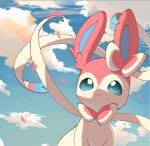  blush bright_pupils closed_mouth cloud commentary_request day falling_petals green_eyes highres i_cant_do_it looking_up no_humans outdoors petals pokemon pokemon_(creature) sky smile solo sylveon white_pupils 