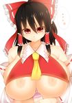 1girl areolae black_hair bow breasts brown_hair closed_mouth detached_sleeves expressionless facominn hair_bow hair_tubes hakurei_reimu highres huge_breasts japanese_clothes lube miko nipples no_bra paizuri_invitation red_eyes ribbon solo touhou underboob undersized_clothes 