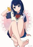  1girl arm_at_side artist_name bare_legs barefoot black_hair blue_eyes blue_shirt blush bow bowtie cherry_blossom_print collared_shirt commentary convenient_leg crossed_legs eyelashes feet floral_print gridman_universe gridman_universe_(film) hand_up head_tilt highres long_hair looking_at_viewer parted_lips pink_background piyo_(kinkooo333) red_bow red_bowtie revision school_uniform scrunchie shirt short_sleeves simple_background soles solo ssss.gridman sweater_vest swept_bangs takarada_rikka toes two-tone_background white_background white_sweater_vest wrist_scrunchie yellow_scrunchie 