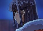  1girl black_hair blurry blurry_background blush closed_mouth from_side fur-trimmed_jacket fur_trim green_jacket highres indoors jacket jacket_on_shoulders long_hair looking_ahead nori_(cheiwbciwkxbdjr) one_side_up portrait profile red_jacket serious shoujo_kageki_revue_starlight sidelocks solo tsuyuzaki_mahiru 