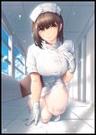  :&gt; absurdres black_border blue_sky border breasts brown_hair closed_mouth day full_body gloves hat highres kneeling looking_at_viewer medium_breasts nurse nurse_cap original pantyhose sky smile solo thighs white_gloves yin-ting_tian 