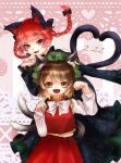  2girls absurdres animal_ears bow bowtie braid brown_eyes brown_hair cat_ears cat_girl cat_tail chen highres kagamine_rin looking_at_viewer medium_hair multiple_girls multiple_tails red_eyes red_hair shee_take tail touhou twin_braids white_bow white_bowtie 