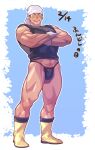  1boy bandana bara black_male_underwear black_shirt blue_background blush boots bulge closed_eyes crossed_arms flying_sweatdrops full_body fundoshi highres japanese_clothes male_focus male_pubic_hair male_underwear mature_male muscular muscular_male navel navel_hair original pubic_hair pubic_hair_peek shirt simple_background sleeves_rolled_up smile solo sweatdrop thick_eyebrows thick_thighs thighs translated underwear uruonurun white_bandana 