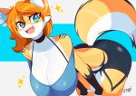 anthro big_breasts bottomwear breasts canid canine cleavage clothed clothing fox green_eyes gynomorph hair hands_on_legs hands_on_thighs hanging_breasts happy hi_res hotpants huge_breasts intersex looking_at_viewer mammal open_mouth orange_body orange_hair pants reena_(gazer90) short_hair shorts simple_background smile solo tiger1001 topwear
