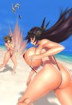  2girls admiral_(kantai_collection) alternate_breast_size ass back beach bikini black_hair blue_bikini breasts brown_hair collarbone commentary_request day explosion green_eyes hat headgear huge_breasts kantai_collection long_hair mo-frederick motion_blur multiple_girls mutsu_(kantai_collection) nagato_(kantai_collection) navel outdoors red_bikini red_eyes shiny shiny_hair shiny_skin short_hair sideboob slingshot_swimsuit swimsuit 