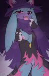 absurd_res anthro blue_body blue_fur bodily_fluids breasts clothing female fur genital_fluids genitals hat headgear headwear hi_res katress magic_user nintendo pal_(species) palworld pocketpair pokemon shieshuqqq solo vaginal_fluids witch witch_costume witch_hat