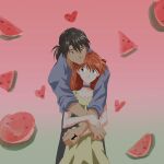  1boy 1girl amondetauro blue_choker choker couple dress food fruit heart hetero highres kaji_ryouji neon_genesis_evangelion orange_hair smile souryuu_asuka_langley watermelon yellow_dress 