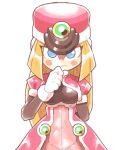  1girl arm_behind_back black_bodysuit blonde_hair blue_eyes blush_stickers bodysuit bodysuit_under_clothes breasts chibi coat hat inkerton-kun long_hair medium_breasts mega_man_(series) mega_man_zx pink_coat prairie_(mega_man) purple_headwear shako_cap solo 