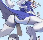 absurd_res ambiguous_gender anon anthro bottomwear breasts butt clothed clothing duo female hi_res humanoid knife loincloth mostly_nude rain_silves sergal smile solo_focus tail topless vilous yarney
