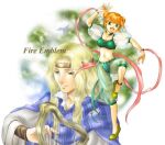  1boy 1girl :d arm_up blonde_hair circlet copyright_name double_bun elffin_(fire_emblem) fire_emblem fire_emblem:_the_binding_blade hair_bun harp instrument larum_(fire_emblem) leg_up long_hair looking_at_viewer navel open_mouth orange_hair pink_ribbon ribbon short_hair smile standing standing_on_one_leg usachu_now 