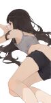  1girl black_hair black_shorts camisole commentary grey_camisole highres hiroki_(yyqw7151) inoue_takina legs long_hair looking_at_viewer lycoris_recoil lying on_stomach purple_eyes shorts simple_background solo thighs white_background 