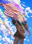  1boy absurdres ahoge america_(hetalia) american_flag axis_powers_hetalia bad_bcy_id bad_id belt belt_buckle birthday bishounen black_belt black_gloves black_sleeves blonde_hair blue_eyes blue_sky brown_jacket brown_pants brown_vest buckle cloud collared_shirt confetti cowboy_shot day flag fur-trimmed_jacket fur_trim glasses gloves green_necktie happy_birthday high_collar highres holding holding_flag jacket long_sleeves looking_at_viewer male_focus medium_bangs necktie one_eye_closed open_clothes open_jacket open_mouth outdoors outstretched_arm pants parted_bangs pocket shirt shooting_star short_hair sky smile solo star_(symbol) ta_poyun_nisui_xinghe. teeth upper_teeth_only v vest white_shirt 