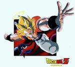  1boy abs black_wristband blonde_hair blue_sash border clenched_hand closed_mouth copyright_name dragon_ball dragon_ball_z frown gogeta green_eyes halo male_focus metamoran_vest muscular muscular_male oharu2000 open_clothes open_hand open_vest pants pectorals sash serious sleeveless solo spiked_hair super_saiyan super_saiyan_1 vest white_border white_pants 