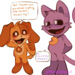 anthro canid canine canis catnap_(poppy_playtime) comic dogday_(poppy_playtime) domestic_cat domestic_dog duo english_text felid feline felis hi_res jewelry male mammal marinaneko necklace open_mouth poppy_playtime simple_background smiling_critters text tongue
