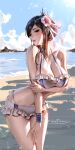  1girl bare_arms bare_legs bare_shoulders beach bikini black_hair blush breasts cleavage feet_out_of_frame final_fantasy final_fantasy_vii final_fantasy_vii_rebirth final_fantasy_vii_remake flower frilled_bikini frills hair_flower hair_ornament halterneck hibiscus highres large_breasts liang_xing long_hair looking_at_viewer looking_to_the_side navel official_alternate_costume official_alternate_hairstyle outdoors parted_lips patreon_username red_eyes side-tie_bikini_bottom sideways_glance signature skindentation solo stomach swimsuit tifa_lockhart water_drop white_bikini 