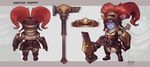  alternate_costume alternate_hairstyle animal_ears artist_name buckler character_name concept_art fang gloves goggles goggles_on_head hair_ornament hammer helmet highres kienan_lafferty league_of_legends multiple_views poppy red_eyes red_hair shield tool_belt turnaround twintails weapon 
