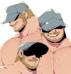  1boy bara beard_stubble blonde_hair earrings facial_hair hat_over_eyes highres huge_pectorals jewelry kokukokuboo male_focus mature_male multiple_views muscular muscular_male mustache original short_hair simple_background smile sparse_chest_hair stubble upper_body white_background 