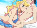  1girl bare_arms bare_shoulders bikini blonde_hair blue_bikini blue_eyes blush breast_press breasts censored clenched_teeth clothed_female_nude_male cum ejaculation eyebrows eyebrows_visible_through_hair gyaru-ko highres large_breasts legs long_hair looking_down makeup mosaic_censoring one_eye_closed open_mouth oshiete!_gyaru-ko-chan outdoors paizuri penis silver_meteor sky solo_focus standing sweat swimsuit thighs 