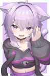  1girl animal_ears black_collar black_hoodie breasts cat_ears cat_girl cat_tail chiriwi cleavage collar hololive hood hoodie large_breasts looking_at_viewer medium_hair navel nekomata_okayu nekomata_okayu_(1st_costume) onigiri_print open_mouth pants purple_eyes purple_hair smile solo tail virtual_youtuber white_pants 