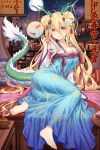  1girl alternate_breast_size architecture barefoot bed blonde_hair blue_dress breasts chinese_clothes chinese_zodiac cleavage date_a_live dragon dragon_horns dragon_tail dress east_asian_architecture eastern_dragon firework_background fireworks fish flower full_body full_moon hair_flower hair_ornament highres horns hoshimiya_mukuro lantern long_hair looking_at_viewer moon paper_lantern pillow pointy_ears reed_diffuser round_window table tail tsubasaki very_long_hair window year_of_the_dragon yellow_eyes 