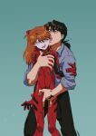  1boy 1girl amondetauro black_pants blue_shirt bodysuit fingering highres kaji_ryouji licking necktie neon_genesis_evangelion open_mouth pants pilot_suit plugsuit red_bodysuit saliva shirt simple_background souryuu_asuka_langley teeth 