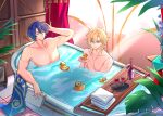  2boys aventurine_(honkai:_star_rail) bath bathtub bii_(biichon) blonde_hair blue_hair book bottle closed_eyes closed_mouth collarbone cup curtains dr._ratio_(honkai:_star_rail) drinking_glass hair_between_eyes highres holding holding_book honkai:_star_rail honkai_(series) indoors male_focus multiple_boys nude pectorals plant rubber_duck shared_bathing short_hair towel water wine_bottle wine_glass 