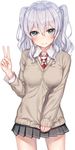  argyle argyle_neckwear blush closed_mouth collared_shirt cowboy_shot eyebrows eyebrows_visible_through_hair grey_skirt hair_between_eyes hakuishi_aoi hand_gesture kantai_collection kashima_(kantai_collection) long_hair long_sleeves looking_at_viewer miniskirt necktie pleated_skirt shirt silver_eyes silver_hair simple_background skirt smile solo sweater thighs twintails v wavy_hair white_background white_shirt wing_collar 