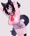  1girl animal_ears arknights armpits arms_up bare_shoulders black_hair breasts brown_eyes cat_ears cat_tail commentary_request cowboy_shot grey_skirt highres kochiya_(gothope) large_breasts miniskirt necktie pink_shirt red_necktie rockrock_(arknights) shirt short_hair skirt sleeveless sleeveless_shirt solo standing tail thighs 