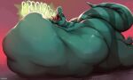 2023 abdominal_bulge artist_name belly big_belly big_butt bodily_fluids burping butt dinosaur fang_(primal) female feral hi_res huge_belly huge_butt huge_thighs hyper hyper_belly lying on_front onomatopoeia open_mouth primal_(series) reptile roobin saliva saliva_on_tongue saliva_string scalie side_view solo sound_effects text theropod thick_thighs tyrannosaurid tyrannosaurus tyrannosaurus_rex vore