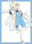  1girl :d absurdres angel_wings apron bare_legs black_bow black_bowtie blonde_hair blue_apron blue_archive blue_border blue_eyes blue_halo blue_ribbon blush border bow bowtie feathered_wings forehead full_body hair_ribbon halo highres long_hair low_wings mini_wings outstretched_arms outstretched_hand parted_bangs ribbon scrunchie shirt short_sleeves smile solo sora_(blue_archive) spell_phd standing standing_on_one_leg strap_slip two_side_up very_long_hair white_background white_footwear white_shirt white_wings wings wrist_scrunchie 