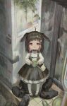  1girl absurdres ahoge bag brown_dress brown_eyes brown_footwear brown_hair can choker doubutsunoujyou dress drink_can highres looking_at_viewer original outdoors pantyhose rabbit rain shirt shoes short_hair soda_can standing tears white_pantyhose white_shirt 