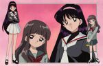  1990s_(style) 2girls ankle_socks artist_name bishoujo_senshi_sailor_moon black_hair black_shirt border bow bowtie cardcaptor_sakura cosplay costume_switch crossed_arms crossover daidouji_tomoyo earrings full_body grey_jacket grey_skirt hairband hino_rei jacket jewelry long_hair looking_at_viewer multiple_girls multiple_views necktie own_hands_together pink_background pink_hairband pleated_skirt red_bow red_bowtie retro_artstyle sailor_collar school_uniform shirt skirt smile socks standing ta_girls_school_uniform tam_(tam0804) tomoeda_elementary_school_uniform upper_body white_necktie white_sailor_collar white_skirt white_socks 
