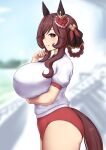  1girl absurdres animal_ears arm_under_breasts braid breasts brown_hair buruma ear_covers gentildonna_(umamusume) gym_uniform hand_up highres horse_ears horse_girl horse_tail huge_breasts long_hair purple_eyes red_buruma shirt sidelocks solo tail umamusume white_shirt yuugatou_(yuuzutu) 