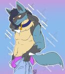 2023 anthro blue_hair bottomwear bulge canid canine clothed clothing collar denim denim_bottomwear denim_clothing digital_drawing_(artwork) digital_media_(artwork) fangs fluffy fluffy_tail generation_4_pokemon gradient_background hair hi_res jeans lean_muscle lucario male mammal nintendo pants pink_clothing pink_underwear pokemon pokemon_(species) rhode_(rhode_arts) serpi_lilo simple_background solo tail teeth topless underwear watermark yellow_eyes