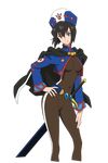  absurdres black_hair bodystocking bodysuit capelet chloe_valens covered_navel cropped_legs hand_on_hip hat highres jacket long_sleeves nakazawa_kazuto official_art short_hair smile solo sword tales_of_(series) tales_of_legendia transparent_background very_short_hair weapon yellow_eyes 