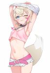  1girl :3 absurdres animal_ear_fluff animal_ears armpits arms_behind_back arms_up bandaid bandaid_hair_ornament belt black_choker black_collar blonde_hair blue_eyes breasts choker collar cowboy_shot cropped_shirt dog_ears dog_girl dog_tail hair_ornament hairband hashtag_only_commentary highres hololive hololive_english horn_hairband looking_at_viewer mococo_abyssgard mococo_abyssgard_(1st_costume) multicolored_hair navel one_eye_closed pink_belt pink_brooch pink_hair pink_hairband pink_tank_top shirt shorts simple_background small_breasts solo spiked_collar spikes standing stomach streaked_hair tail tank_top thighs undressing virtual_youtuber wanwan_(ilol9) white_background white_shirt white_shorts x_hair_ornament 