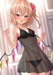  1girl alternate_costume armpit_peek bare_arms black_bra black_dress black_panties blonde_hair blurry blurry_background blush bow bra breasts cameltoe collarbone commentary_request covered_navel cowboy_shot crystal crystal_wings dress eyelashes fang flandre_scarlet hair_bow hands_up highres indoors lingerie looking_at_viewer medium_hair no_headwear one_side_up open_mouth paid_reward_available panties pointy_ears red_bow red_eyes reijing_etrn ribs see-through see-through_dress skinny small_breasts solo sparkle thighs touhou tsurime underwear wings 